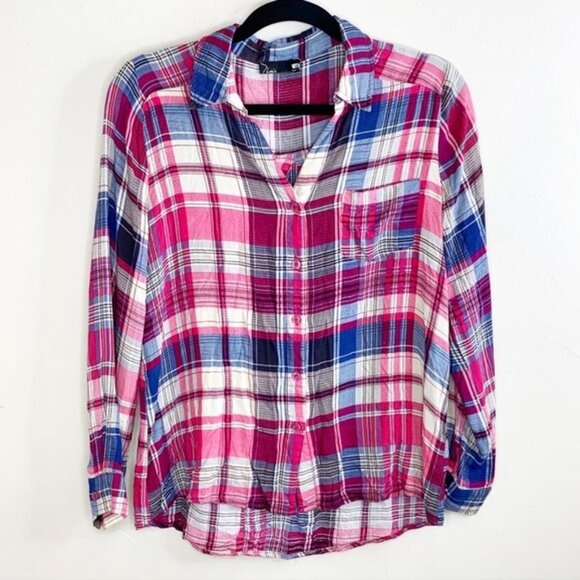 Noir Red Blue Plaid 3/4 Sleeve Button-Down Shirt - Picture 1 of 7